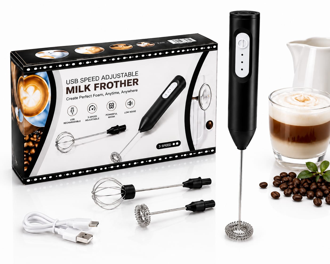USB Rechargeable Milk Frother – 3 Speed Coffee Whisk ☕✨