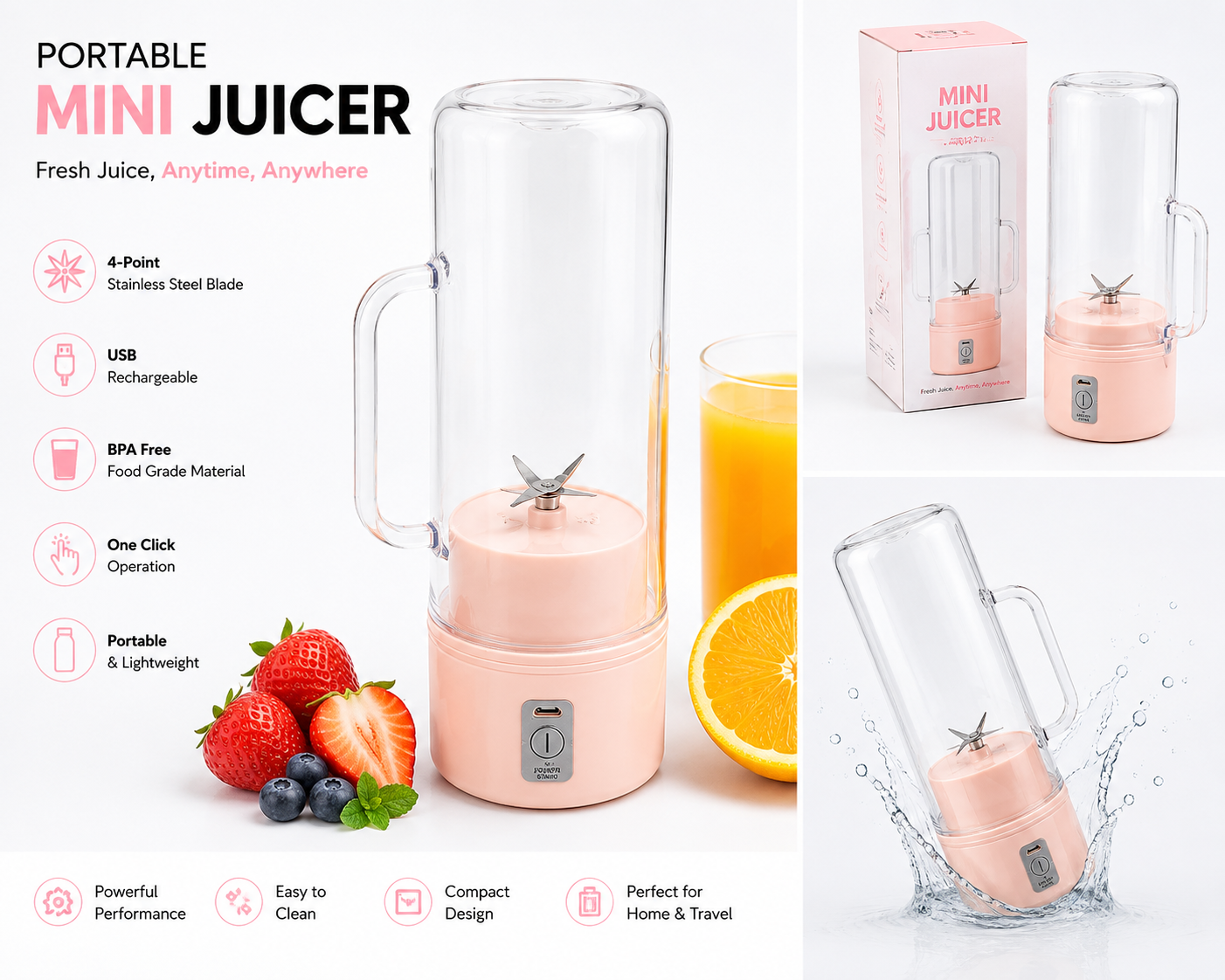 Portable Mini Juicer – USB Rechargeable Fresh Juice Maker