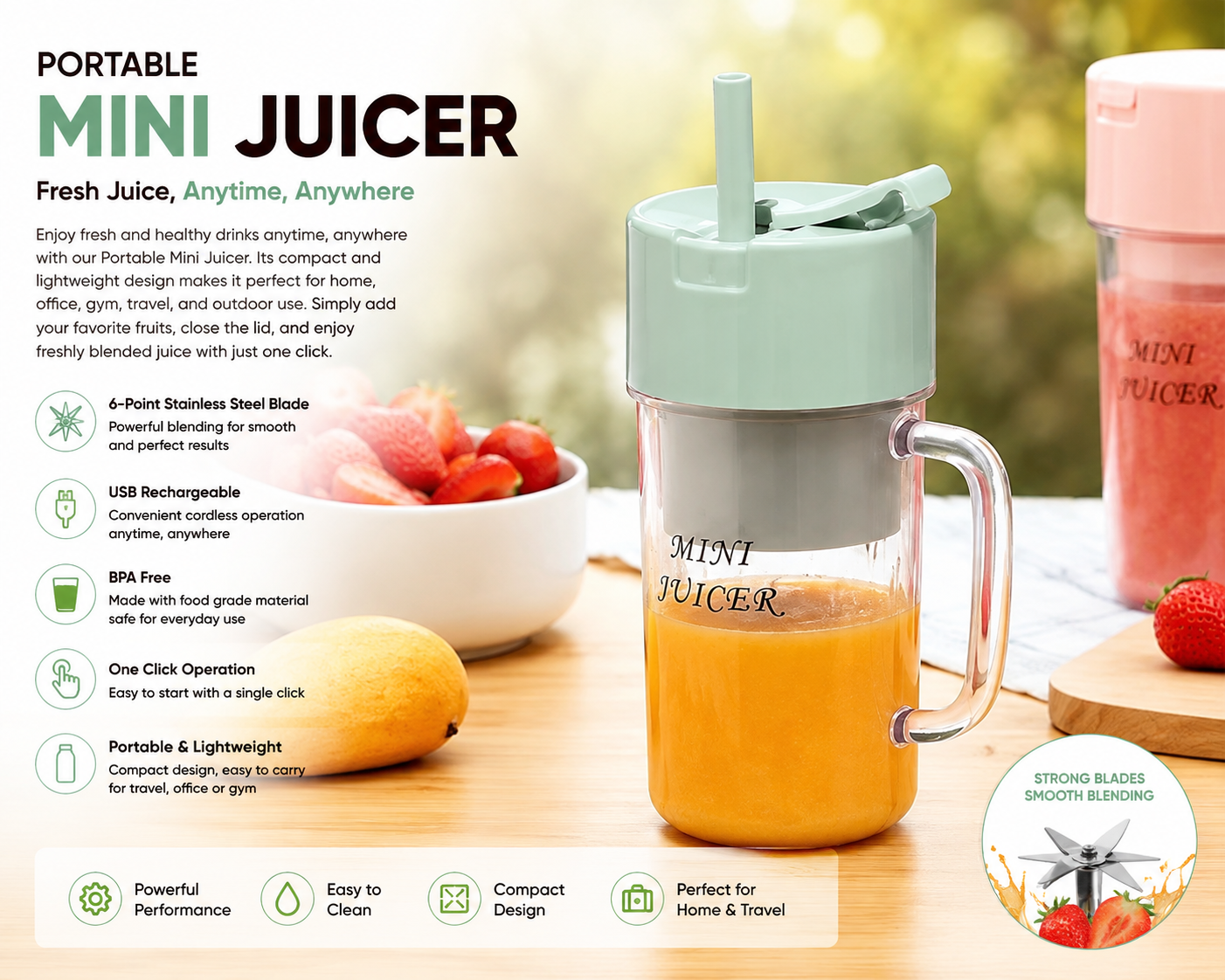 Portable Mini Juicer – USB Rechargeable Fresh Juice Maker
