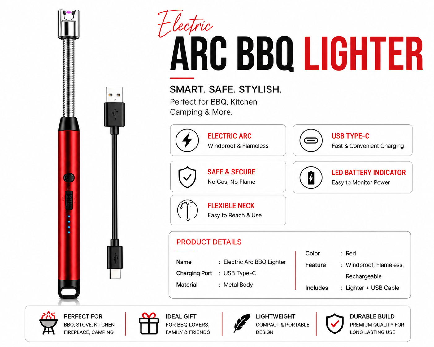USB Rechargeable Electric Arc BBQ Lighter