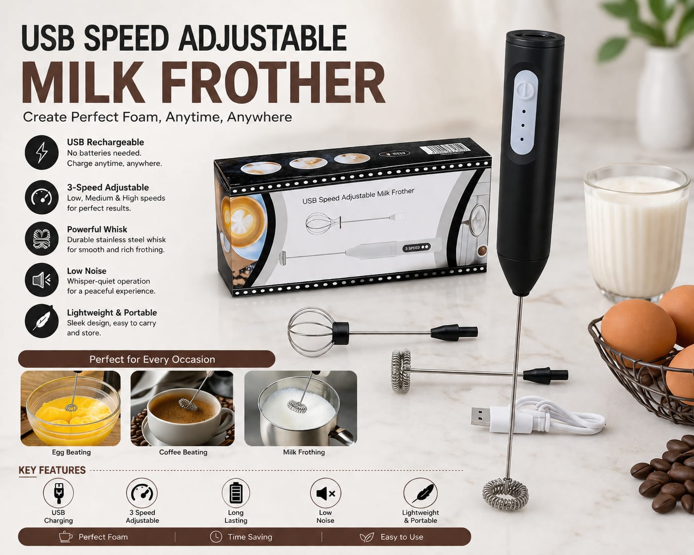 USB Rechargeable Milk Frother – 3 Speed Coffee Whisk ☕✨